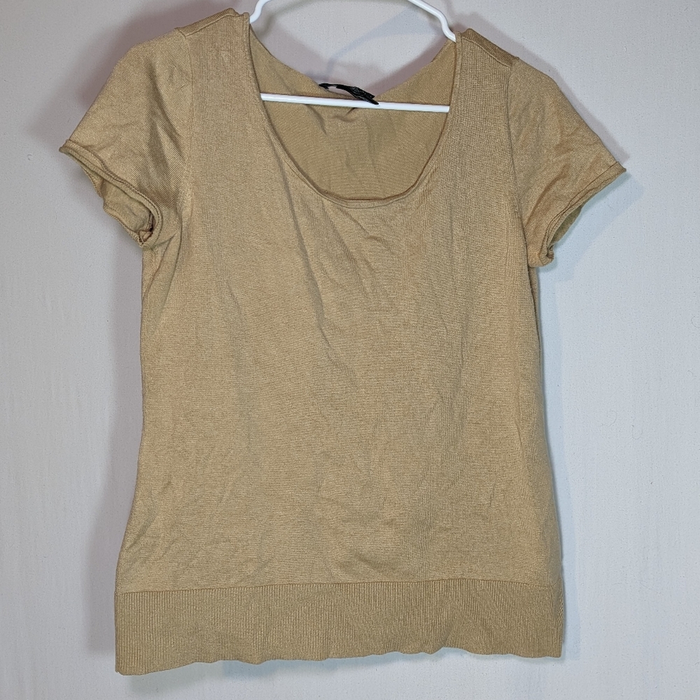Lauren Ralph Lauren Silk Blend Cotton Tan Beige Pullover Top Short Sleeve Blouse